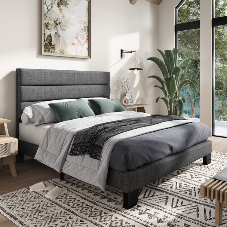 Elison Platform Bed with Fabric Upholstered Headboard and Wooden Slats