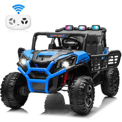 Voiture à 2 places 24 V pour enfants en bleu avec télécommande, lumières DEL, lecteur de musique, suspension, portes doubles et modes haute / basse vitesse