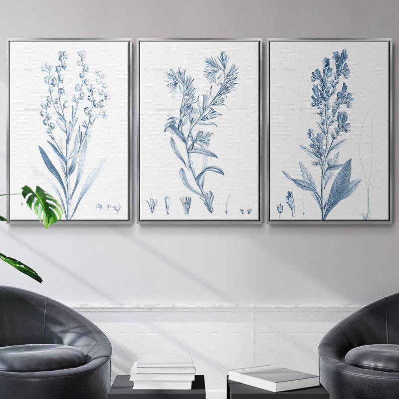 Ensemble de 3 pièces botaniques antiques en bleu I sur toile tendue, H 36 po x l 72 po, Argent