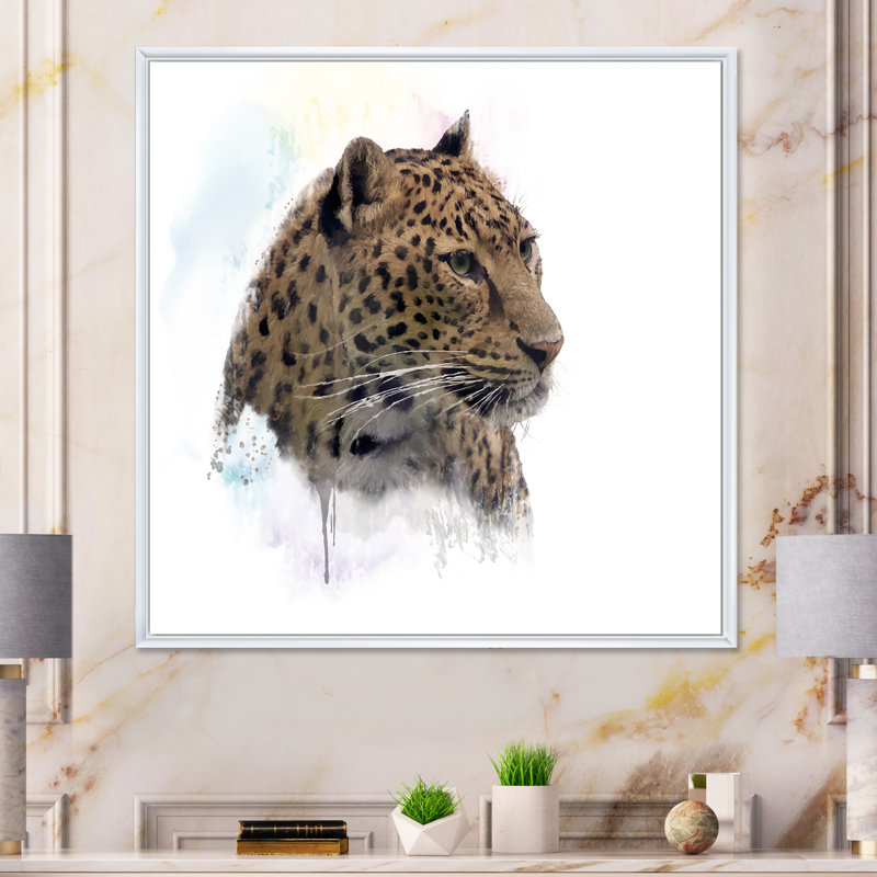 Portrait de léopard - peinture, H 36 po x l 36 po x P 1,5 po, Cadre flottant blanc