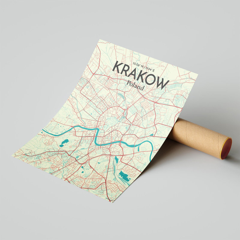 «Krakow City Map», impression de luxe, Vert / beige, H 20 po x l 16 po