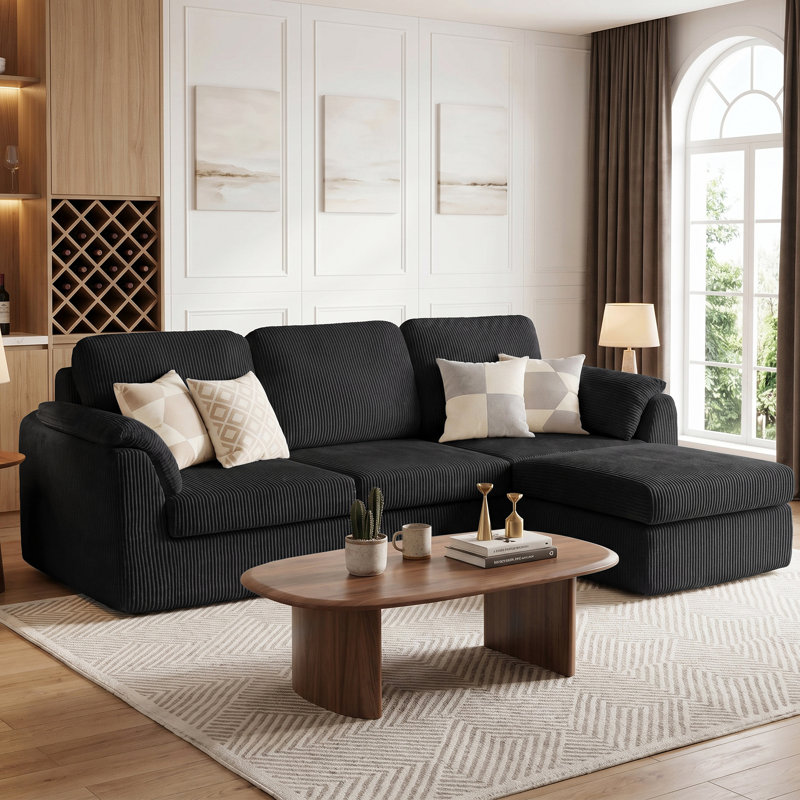 Cloud-Like Modular Sectional Sofa With Chaise, Black Fabric
