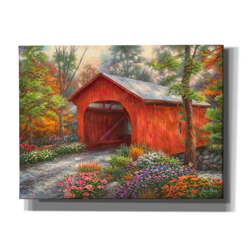«Red Covered Bridge» par Chuck Pinson, art mural sur toile, H 12 po x l 16 po x P 0,75 po