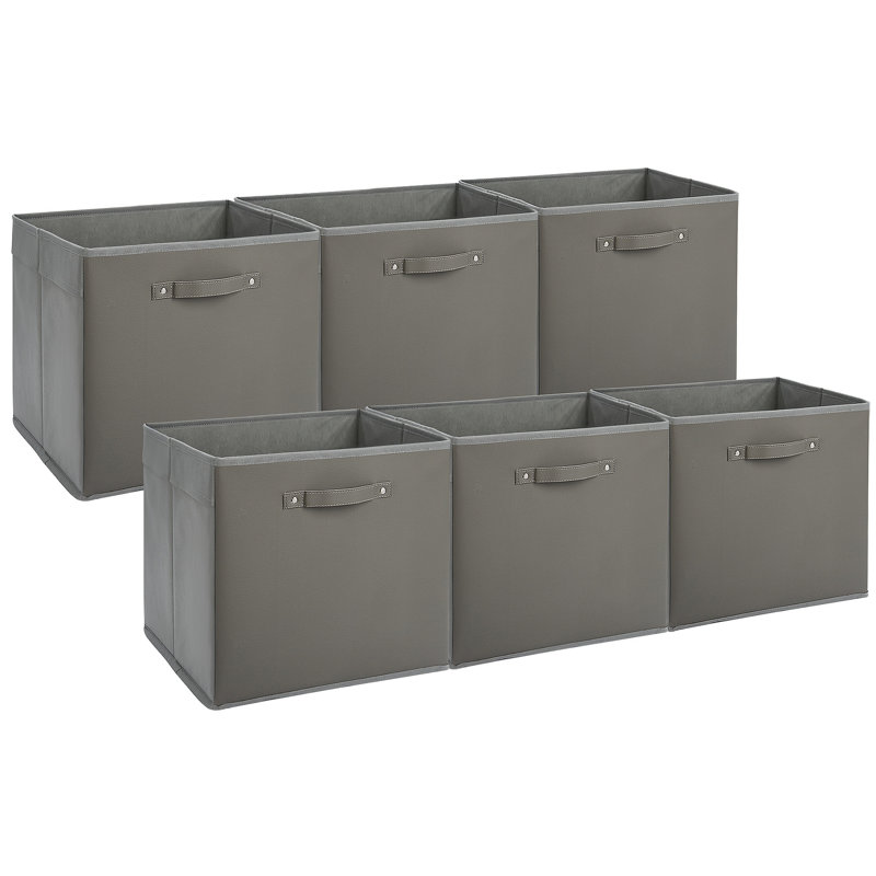 6PCS Gray 13 Inch Fabric Storage Bins with Faux Leather Handles, Foldable Cube Organizer Baskets for Shelves and Closet Collapsible Storage Boxes for Clothes Toys