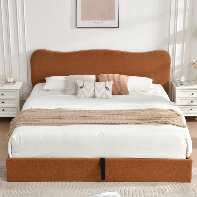 Lit plateforme tapissier Bensu Boucle, Très grand, Brun