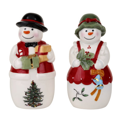 Spode Christmas Tree Figural 2 Piece Mr. and Mrs. Snowman Salt and Pepper Shaker Set