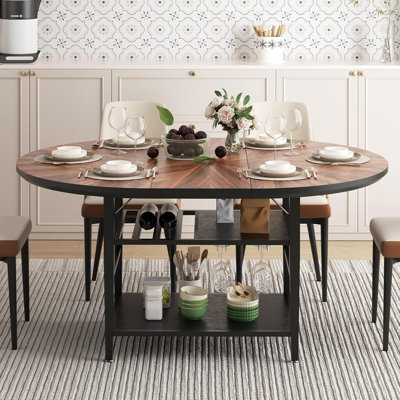 Extendable 47"–63" Round Dining Table Set with Storage Shelf, Walnut Solid Wood Top & Metal Base, Includes 4 Upholstered Chairs