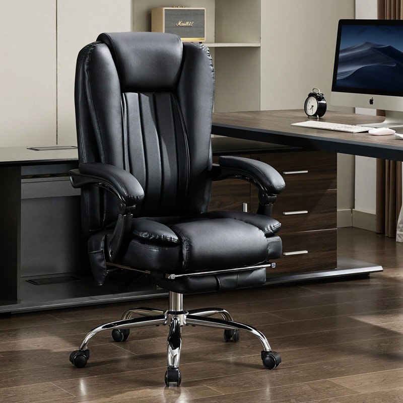 Chaise de bureau avec fonction chauffante et de massage - repose-pieds rétractable, rotation à 360 °, soutien lombaire en tissu respirant, repose-pieds, revêtement en cuir noir