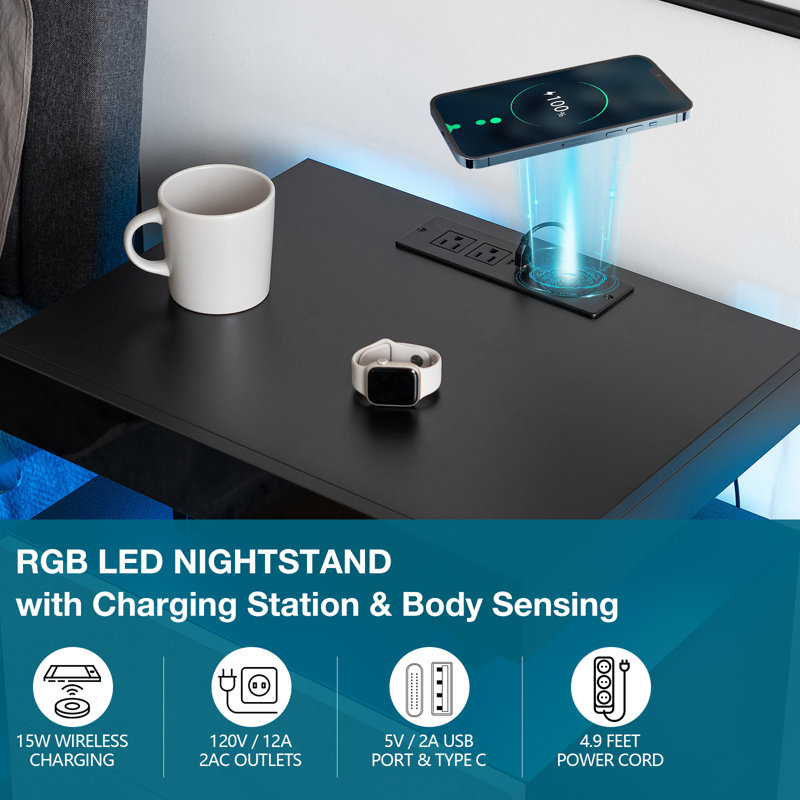 Gray Manufactured Wood Nightstand Set with LED Lights and Wireless Charging