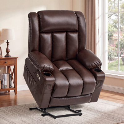Dual Motor Power Lift Chair Recliner for Elderly with Massage and Heat, Infinite Position Electric Lift Recliner with USB A&C, Cup Holders (T6010 - Faux Leather, Dark Brown, Oversized )