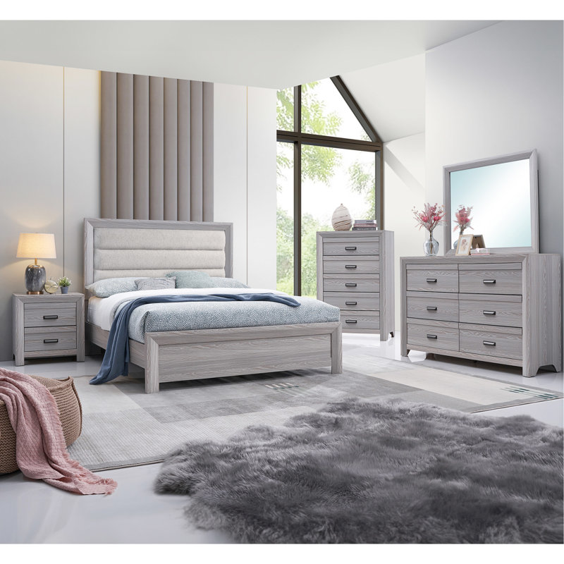 Grand lit contemporain en bois flotté avec tête de lit et panneau à rainures pour la conception d'espace, Grand lit