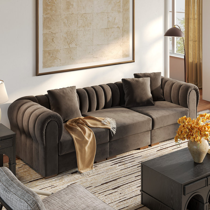 Canapé modulaire de style Mid-Century modulaire rembourré de 115 po en velours gris pour salon, 3-Seater, Grey Velvet