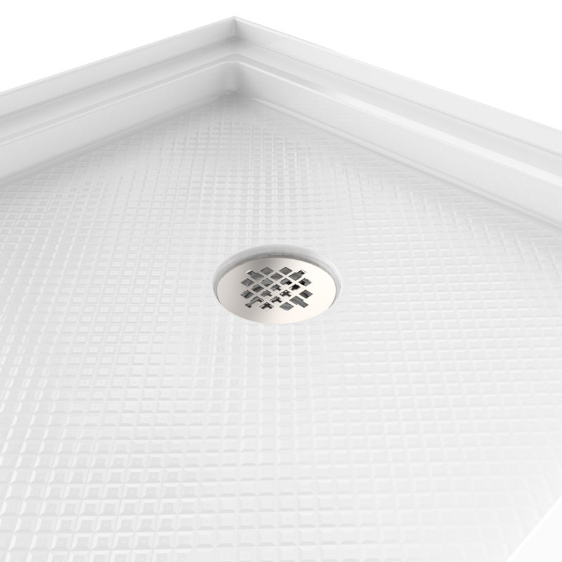 DreamLine SlimLine 32 inch D x 60 inch W x 2 3/4 inch H Single Threshold White Alcove Shower Base with 2 inch Polished Nickel Right Round Drain