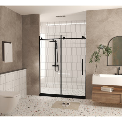 Porte de douche sans cadre l 60 po x H 76 po, verre trempé transparent 1/4 po, film antidéflagrant, poignée en acier inoxydable