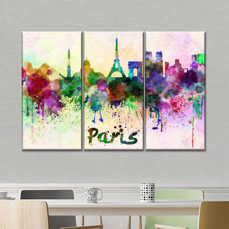 Paris Skyline Colors - Ensemble de 3 toiles tendues, H 32 po x l 50 po x P 1,25 po