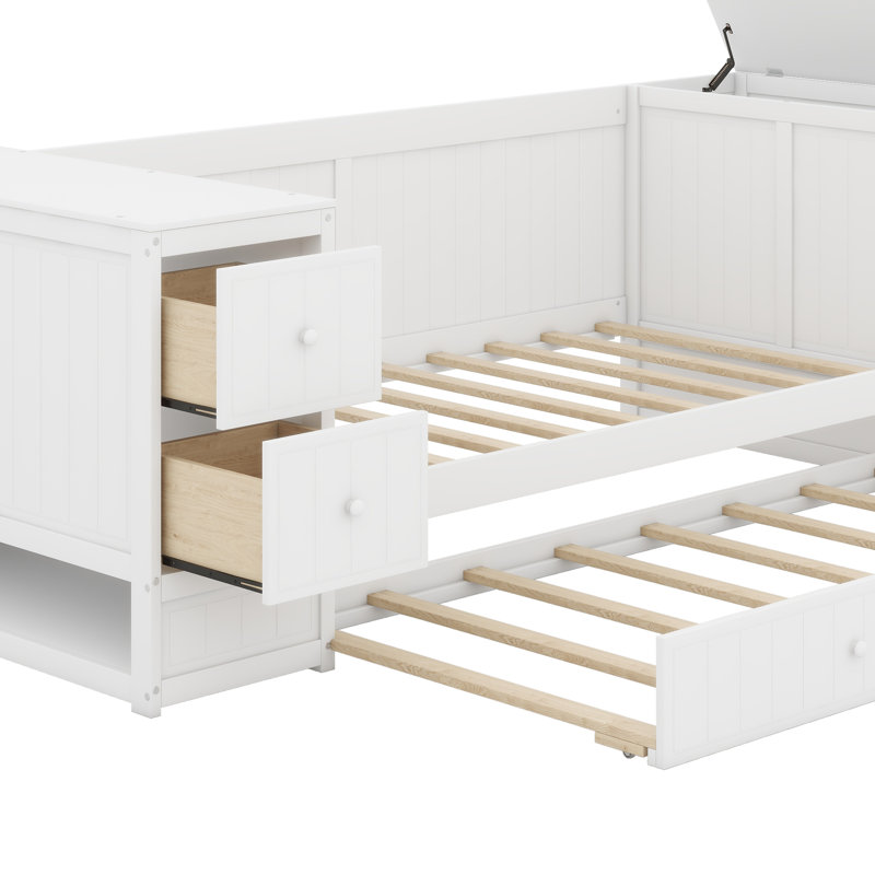 Twin Size Daybed With Trundle, Storage Arms And Charging Station,Wood Bed Frame For Bedroom, White