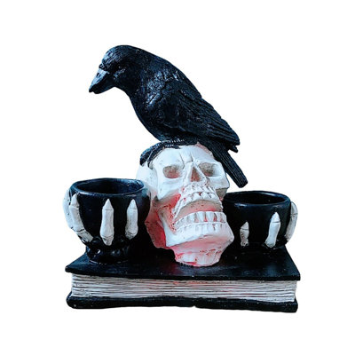 Halloween, crâne de bougie, résine, gothique, corneille sur bougie, livre et chandelier