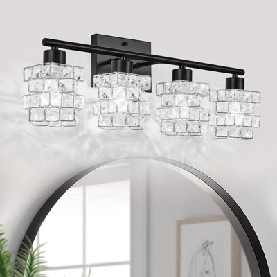 Luminaire de meuble-lavabo de salle de bain moderne à 4 lumières avec abat-jour en cristal, finition noire matte, fixation haut / bas pour miroir, lavabo et vestibule