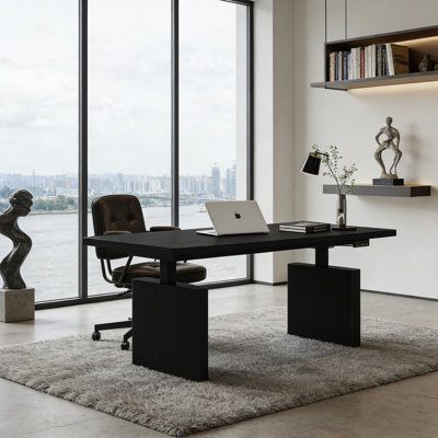 Bureau de 55,25 po de style italien de luxe à placage de chêne noir léger électrique réglable en hauteur avec prises de courant intégrées et fonction de recharge sans fil