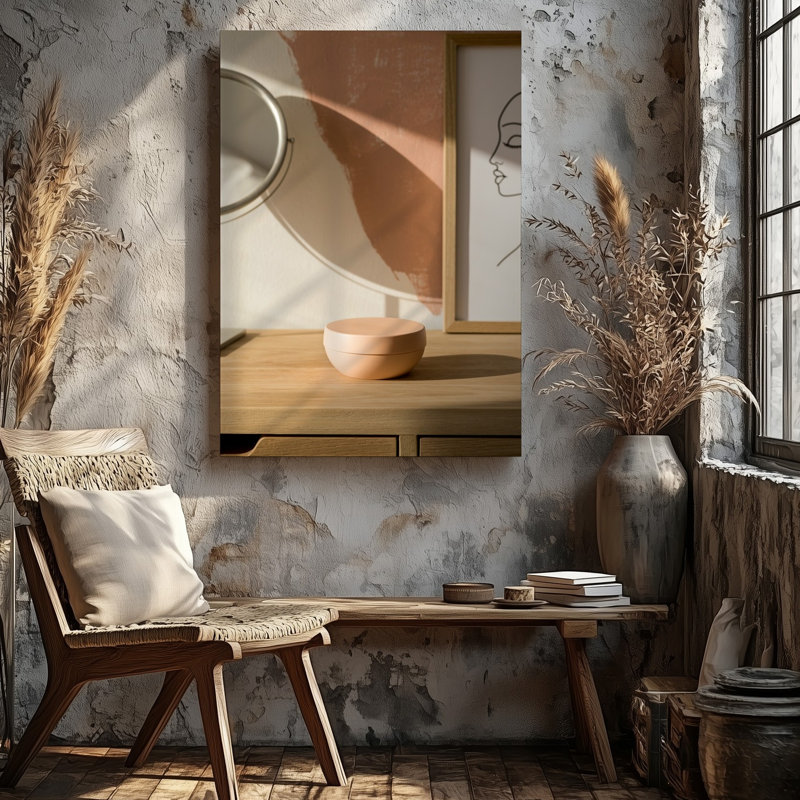 Toile une scène intérieure minimaliste sereine avec une table de chevet en bois clair avec un contenant arrondi lisse sur toile tendue