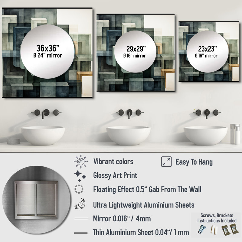 Antonine Illusion Abstract Shapes I - Grand miroir mural carré à formes abstraites pour chambre à coucher, 23 po x 23 po