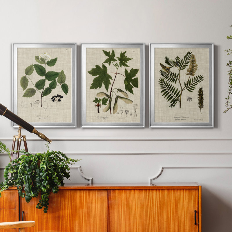 Linen and Leaves I - Ensemble de 3 reproductions d'art sur toile, Argent, H 22,5 po x l 91,5 po x P 1,5 po