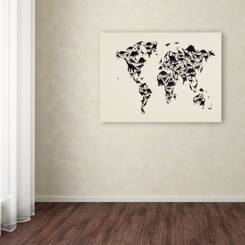 « dinosaur world map » par michael tompsett, impression sur toile tendue encadrée, H 30 po x l 47 po x P 2 po