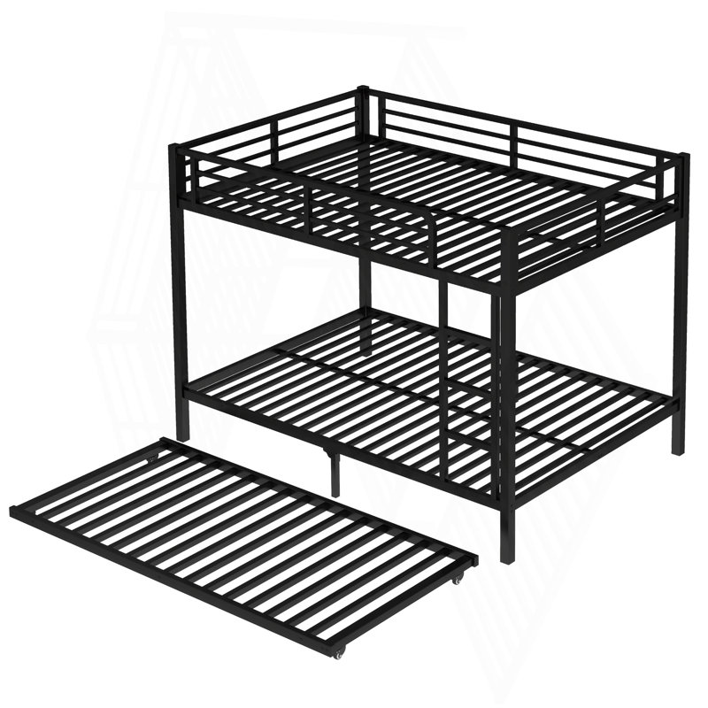Full Over Full Metal Bunk Bed With Twin Size Trundle, Black, Full Over Full