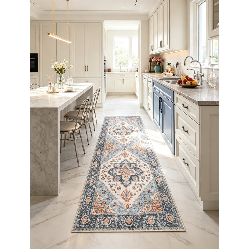 Blue Orange Boho 3x7 Hallway Runner Non-Slip Washable