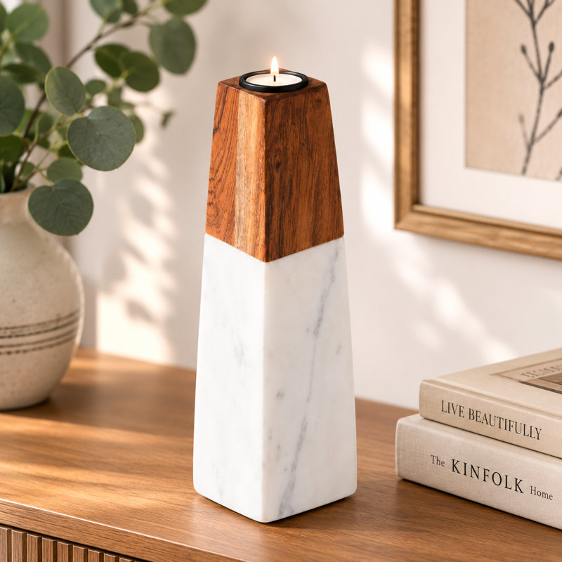 Porte-bougie 9 po fabriqué à la main en marbre blanc et bois d'acacia