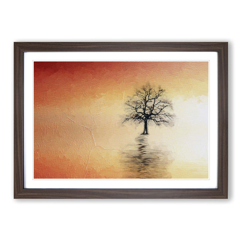 Tree Reflection at Sunset in Abstract - Picture Frame Painting Print, Walnut Framed, 27cm H x 36cm W x 2cm D