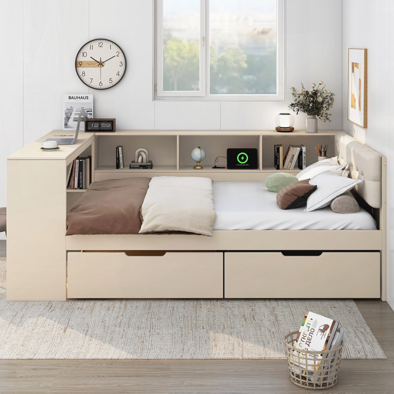 Wood Platform Bed with Storage Shelves, Drawers, Charging Station and Upholstered Headboard, Cream, Full