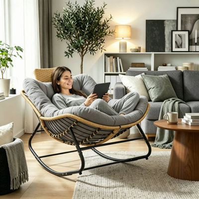 39.37"Papasan Rocking Chair Outdoor, Oversized Patio Egg Chair with Thick Cushion And Handwoven Rattan Head Pillow,Indoor Wicker Lounge Rocker Bed for Balcony, Porch, Garden