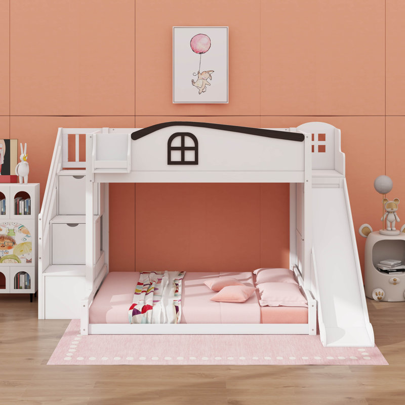 Twin Over Full Bunk Bed With Storage Staircase, Shelf, Slide And Wardrobe, White/Espresso