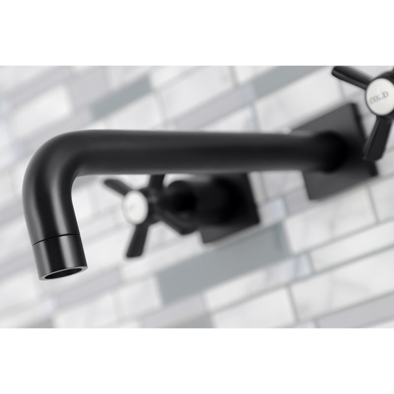 Kingston Brass Manhattan Two-Handle 3-Hole Wall Mount Roman Tub Faucet, Matte Black,  Cross White