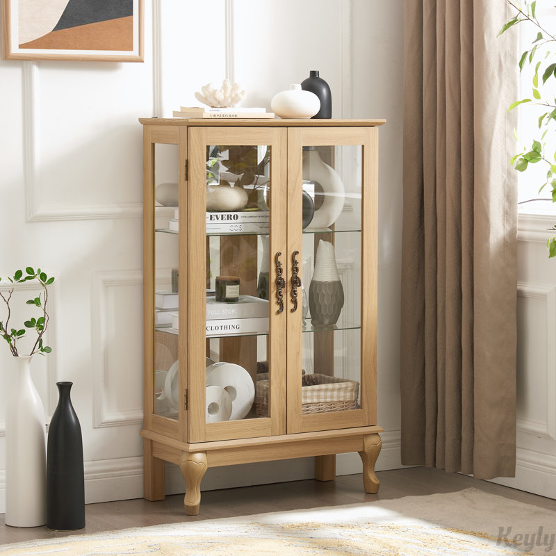 2 Glass Doors Lighted Display Cabinets with Mirrored Back Panel and Adjustable Shelves, Oak