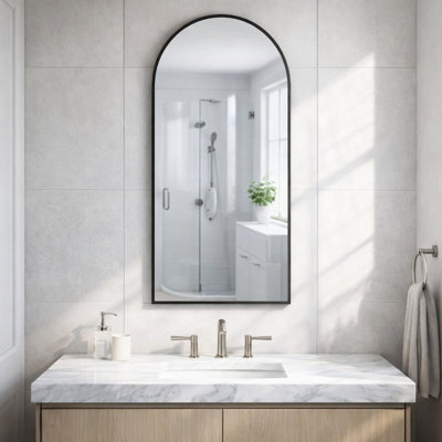 24x48 Arched Wall Mirror, Slim Black Aluminum Frame, Shatter-Resistant HD Glass, Modern Designer Mirror for Bathroom Bedroom Entryway