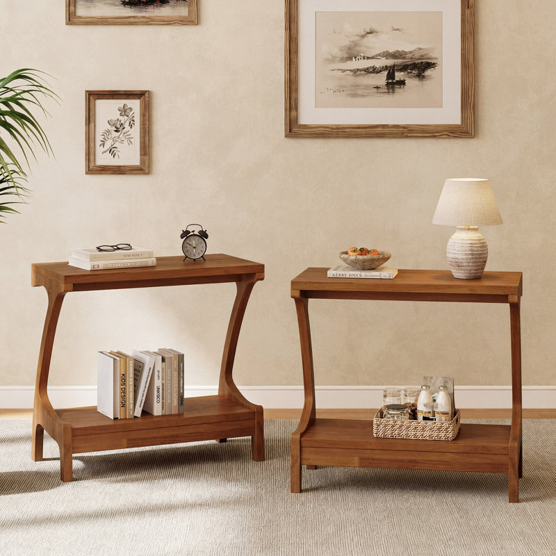 End Table Set Of 2, Solid Wood 2-tier Sofa Side Table, Light Brown