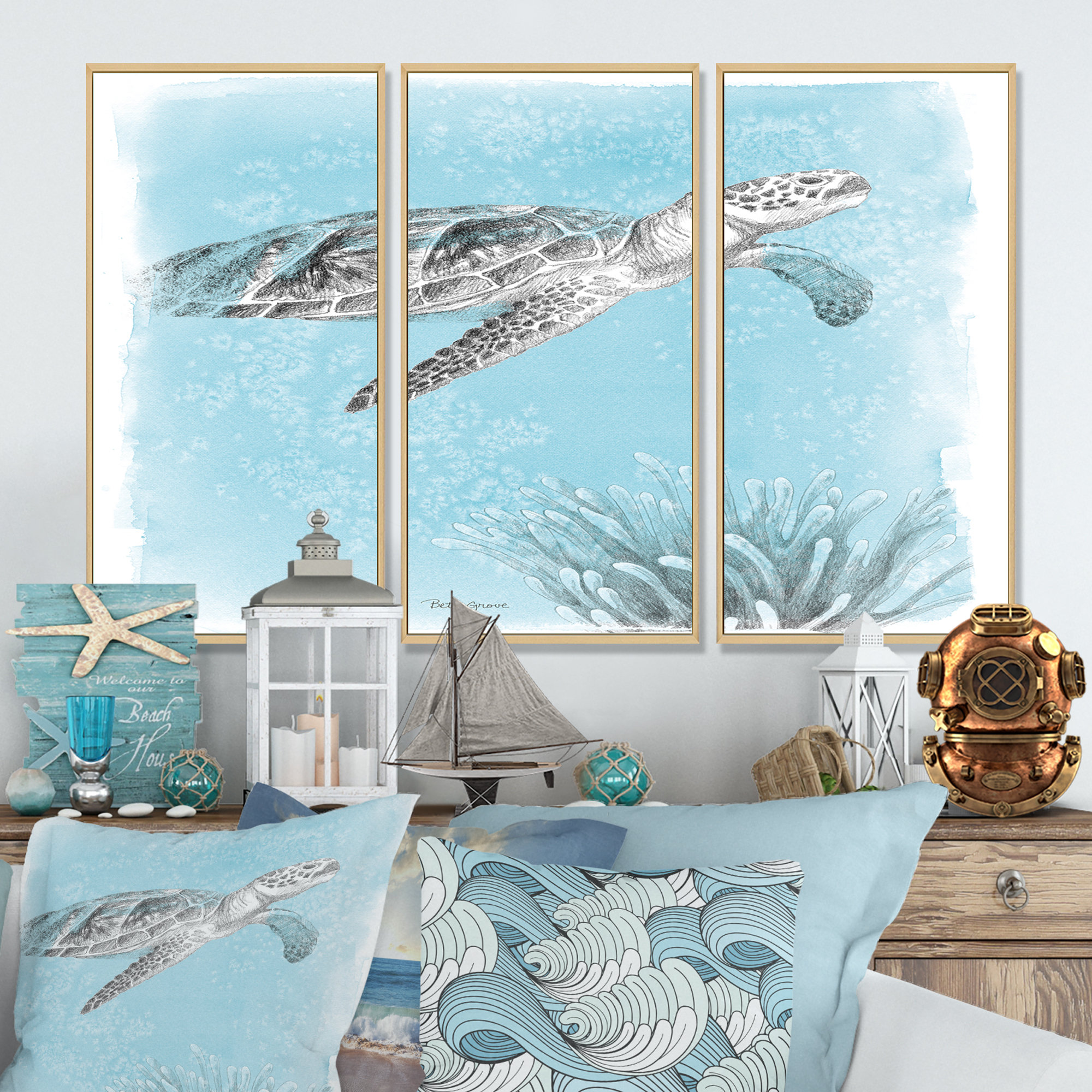 DesignArt Coastal Sea Life I Turtle Sketches Framed On Canvas Pieces Print  Wayfair