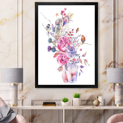 Ours polaire bleu et rose - Bouquet de fleurs - peinture sur toile