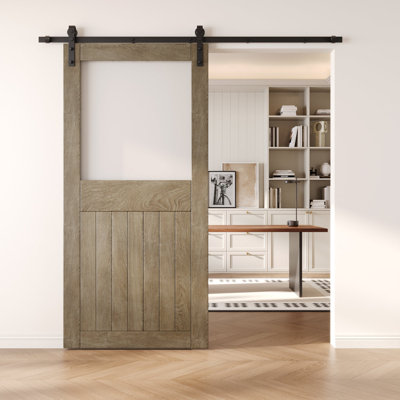 36x84 Classic Gray Color Half Lite Glass Design Finished Unassembled Solid Wood Sliding Barn Door Only