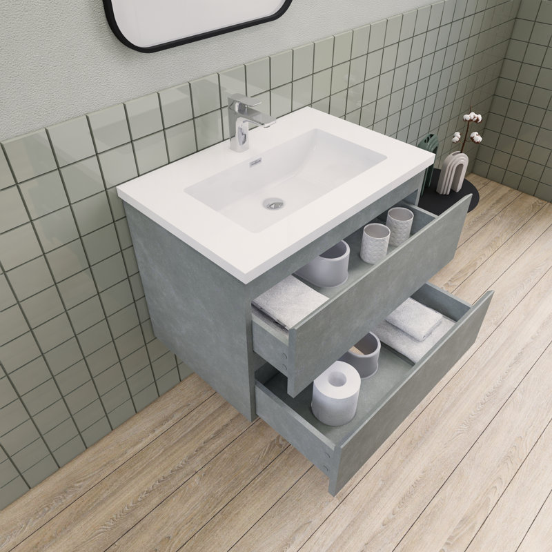Meuble-lavabo flottant moderne simple Alcester Ivy Bronx, Gris ciment