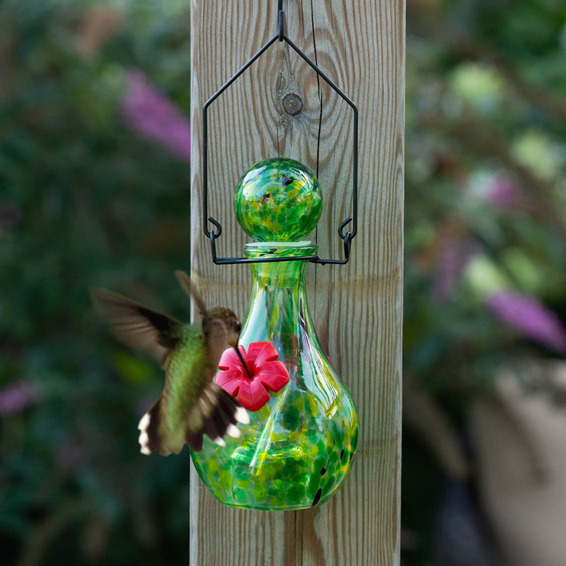 Solar-Powered Hand-Blown Glass Hanging Hummingbird Feeder