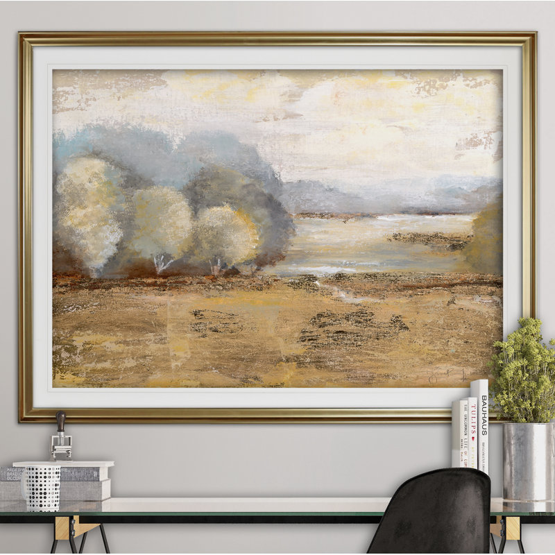 « misty golden matin », reproduction de peinture à l’acrylique encadrée, Or, H 28 po x l 38 po x P 1,5 po