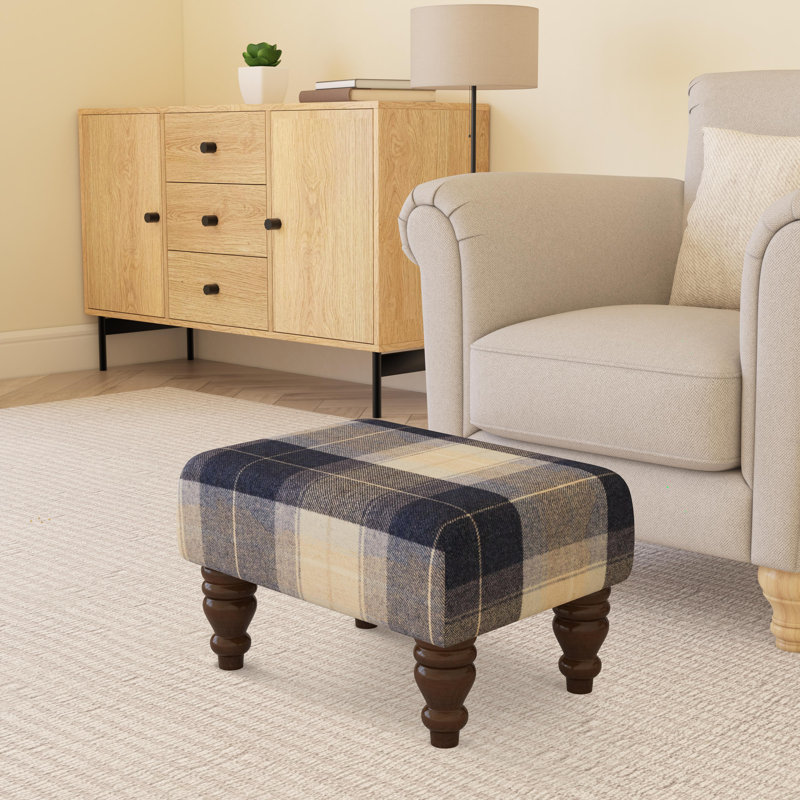 Tartan Material Large Footstools  Wood Turned Leg - Tartan - Navy Blue, Mahogany