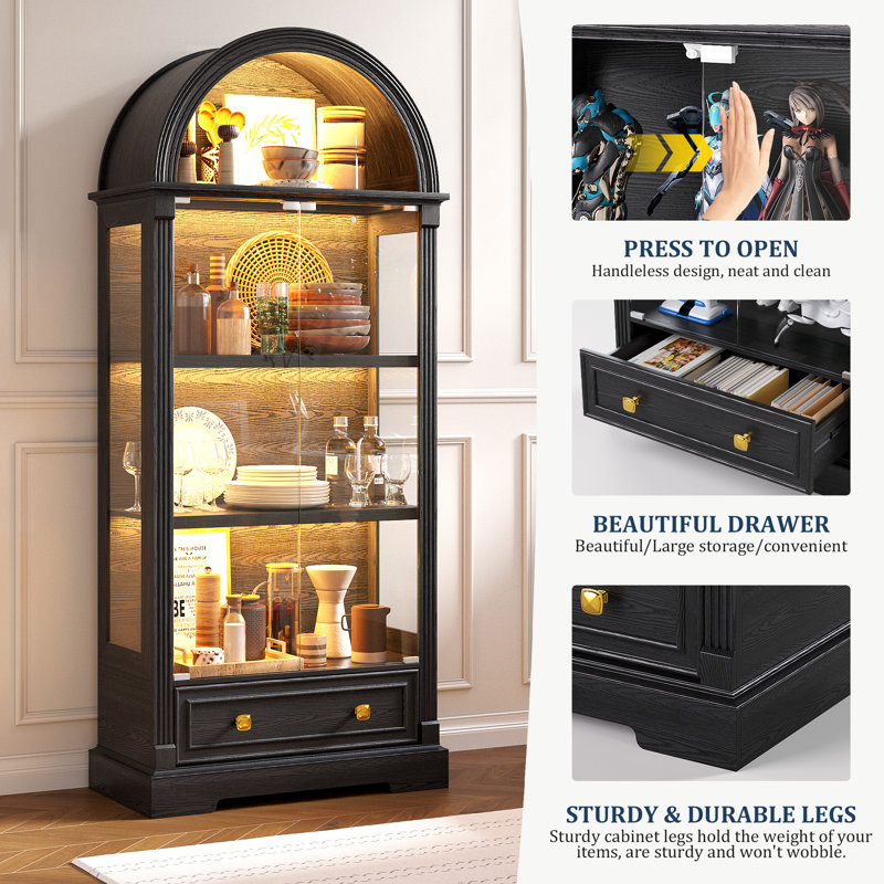 Grande vitrine arquée de 72,8 po avec portes en verre, armoire de rangement à 4 niveaux avec lumière DEL et capteur de corps humain