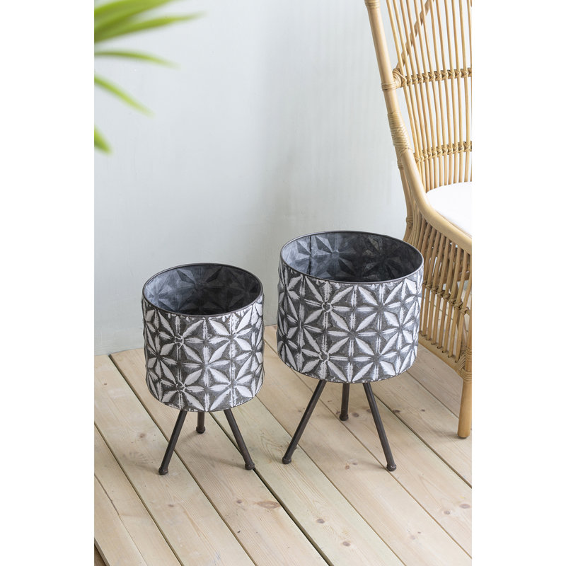 Grand pot à fleurs rond rétro avec supports en fer foncé