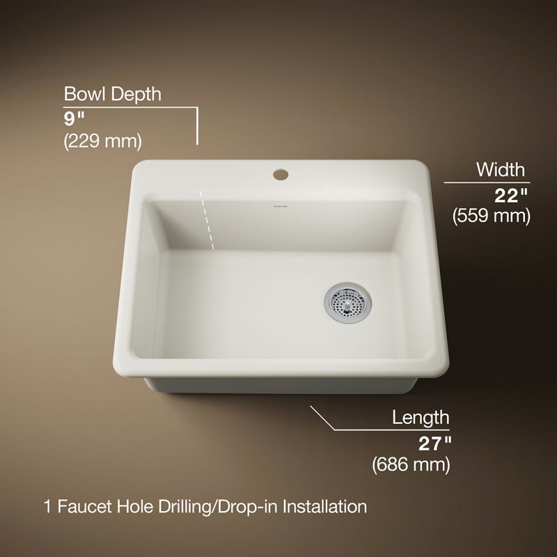 Riverby® 27" L x 22" W Drop-In Kitchen Sink, Biscuit, 1 Hole