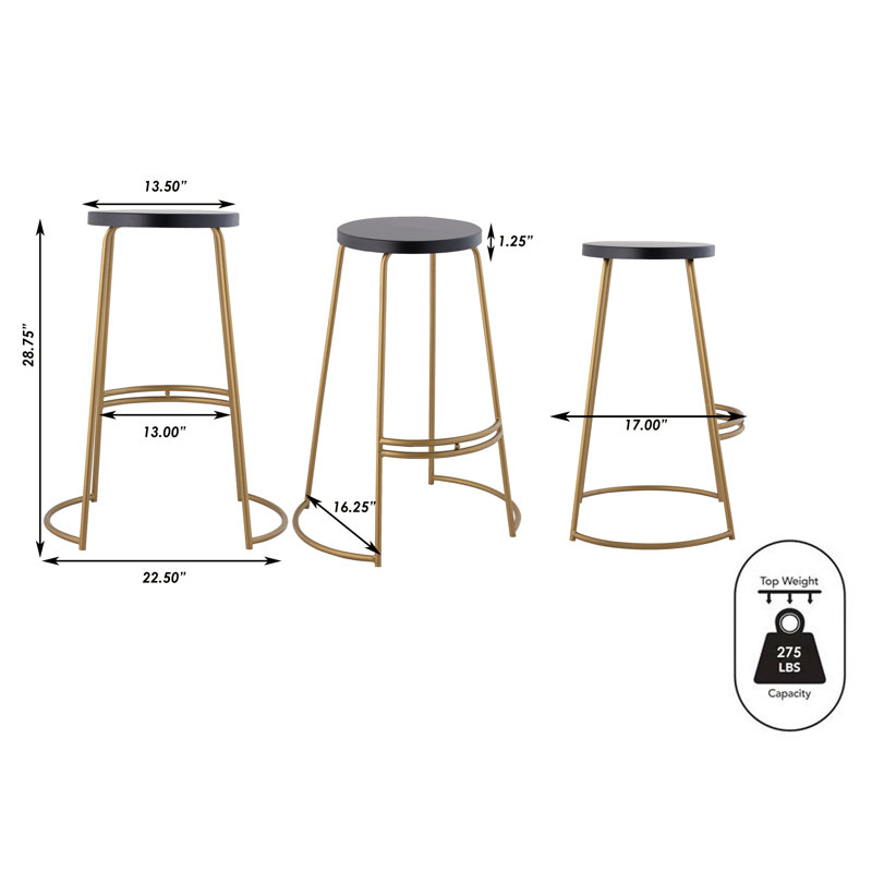 Hula Modern 28.75" Backless Metal Bar Stool, Round Black Iron Seat and Gold Base with Integrated Footrest for Kitchen & Home Bar