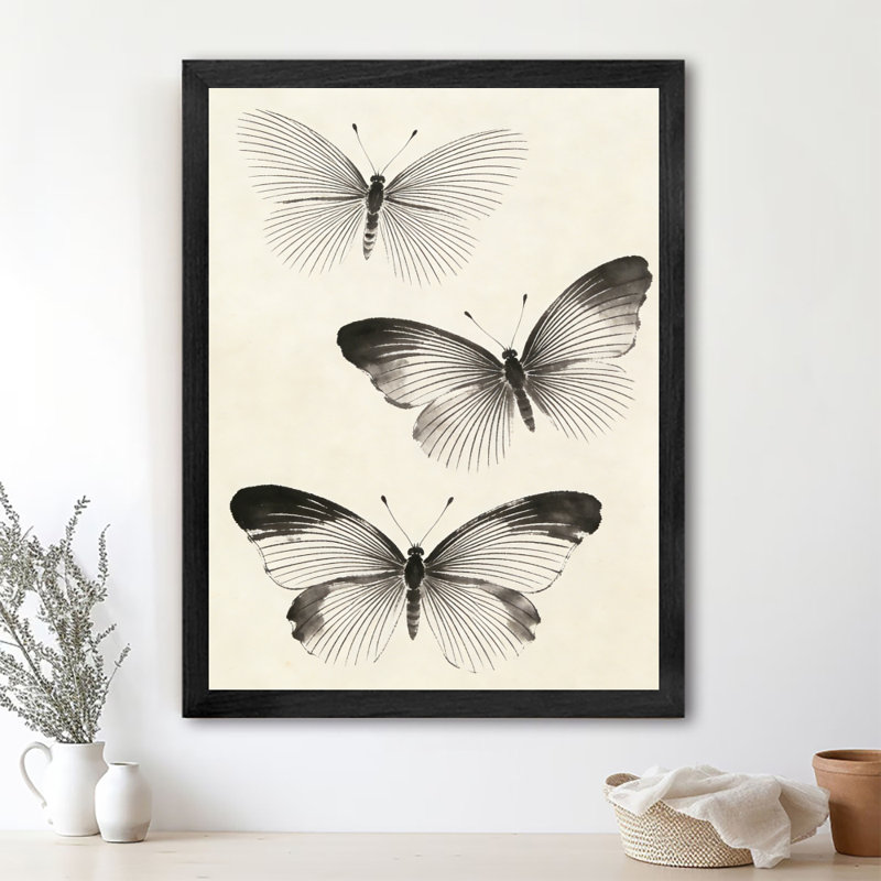 Art mural papillon noir, aquarelle encadrée de style rétro, H 17 po x l 13 po